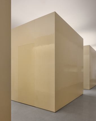 Interior image of new Proenza Schouler flagship store at 153 Mercer Street in New York. Image of large resin cubes in a concrete floored space.