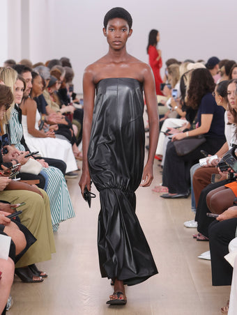 Model Walking Proenza Schouler SS24 Runway In Margot Dress In Black Nappa, Cooper Flip Flops In Black Grain Calf