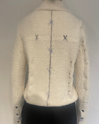 4x5 image of the Sylvie Jacket in process with markings and pins along the back of the jacket