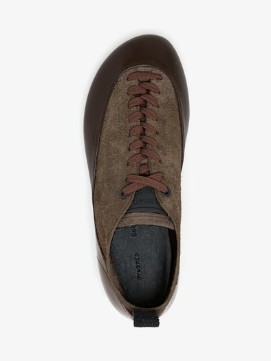 Proenza Schouler aerial image of Arcadia Sneakers in Chocolate with light brown laces