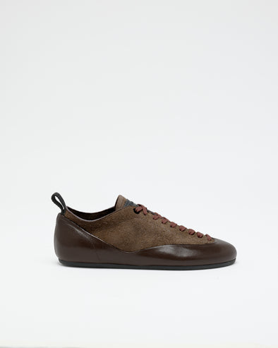 Proenza Schouler side image of Arcadia Sneakers in Chocolate with light brown laces
