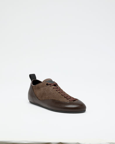 Proenza Schouler front 3/4 image of Arcadia Sneakers in Chocolate with light brown laces