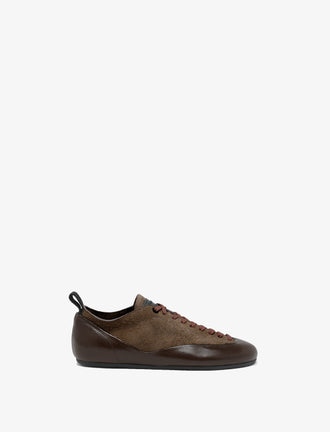 Proenza Schouler side image of Arcadia Sneakers in Chocolate with light brown laces