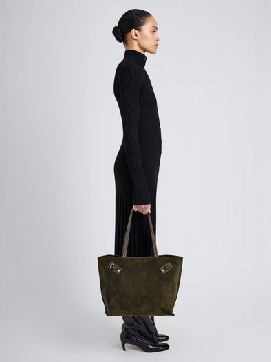Proenza Schouler Image of model wearing Days Tote in Soft Suede in Olive