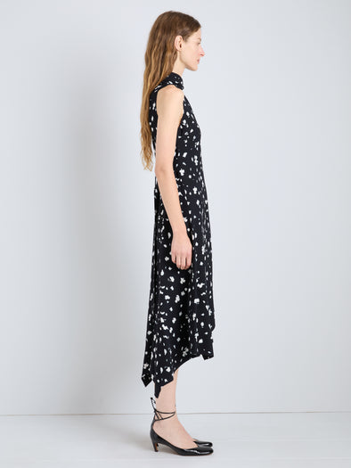 Proenza Schouler full length side image of Devora Dress in Printed Viscose in black multi