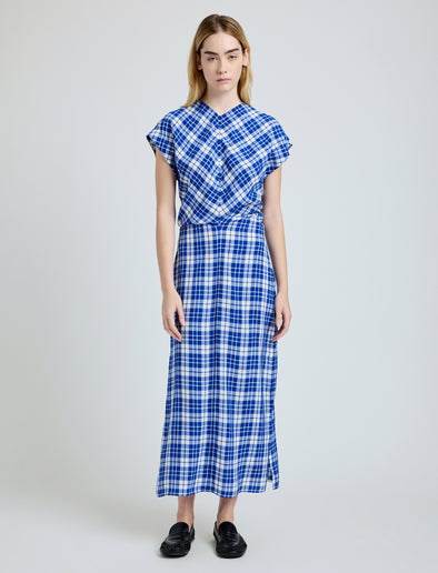 Proenza Schouler front image of model wearing Hallie Dress in Crinkled Plaid in cobalt multi