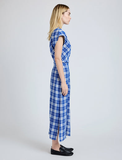 Proenza Schouler side image of model wearing Hallie Dress in Crinkled Plaid in cobalt multi