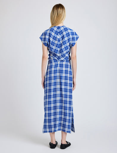 Proenza Schouler back image of model wearing Hallie Dress in Crinkled Plaid in cobalt multi