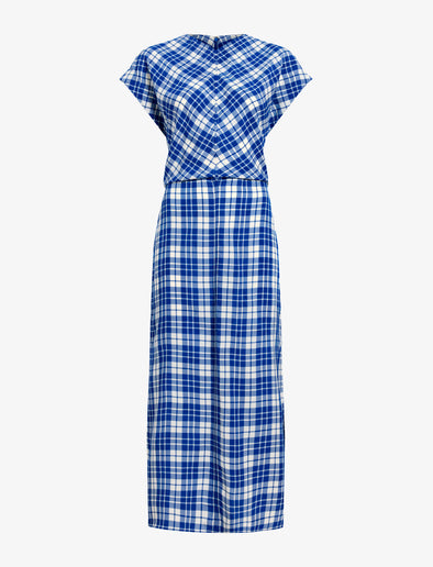Proenza Schouler flate image of Hallie Dress in Crinkled Plaid in cobalt multi