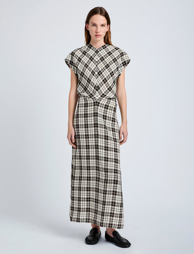 Proenza Schouler front image of model wearing Hallie Dress in Crinkled Plaid in bark multi