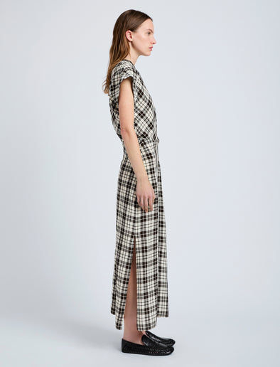 Proenza Schouler side image of model wearing Hallie Dress in Crinkled Plaid in bark multi