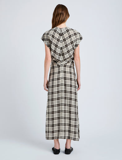 Proenza Schouler back image of model wearing Hallie Dress in Crinkled Plaid in bark multi
