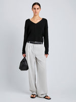 Proenza Schouler Front full length image of model wearing Eleanor Pant in Wool Melange in Light Grey