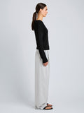 Proenza Schouler Side full length image of model wearing Eleanor Pant in Wool Melange in Light Grey