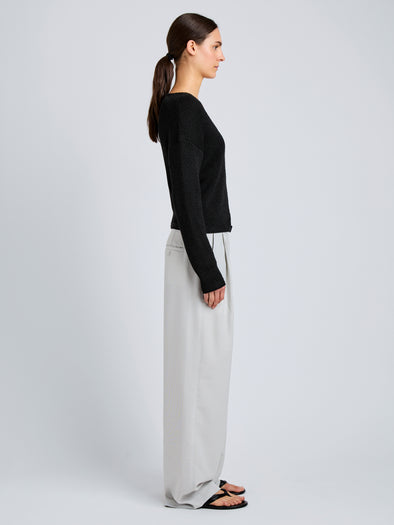 Proenza Schouler Side full length image of model wearing Eleanor Pant in Wool Melange in Light Grey