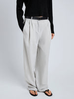 Proenza Schouler Detail image of model wearing Eleanor Pant in Wool Melange in Light Grey