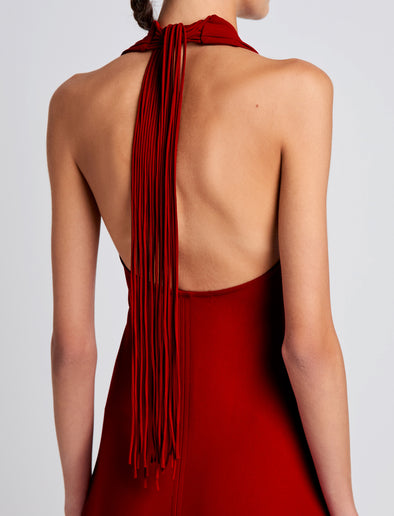 Proenza Schouler Detail image of model wearing Ember Dress in Light Matte Viscose Crepe in RED