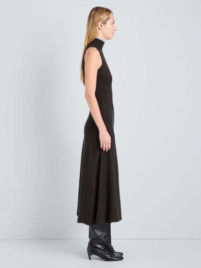 Proenza Schouler Side full length image of model wearing Ezme Dress in Souffle Knit in Chicory