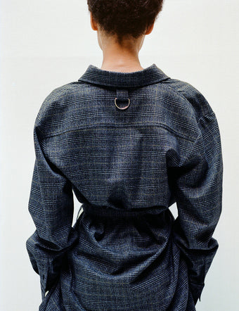Back of model in Plaid Suiting Wrap Dress in black/white/citron