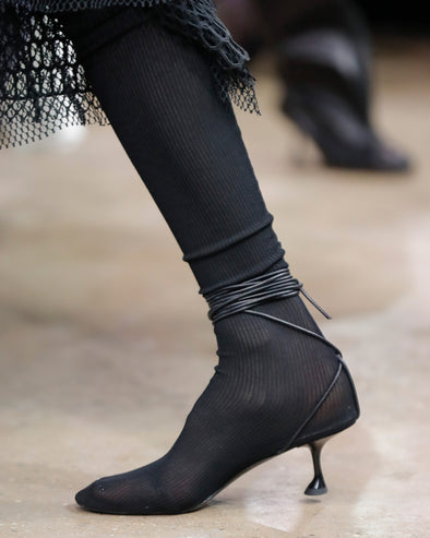 Image of model walking Proenza Schouler Fall Winter 2024 Runway wearing Tee Over The Knee Boots in Viscose Knit in black