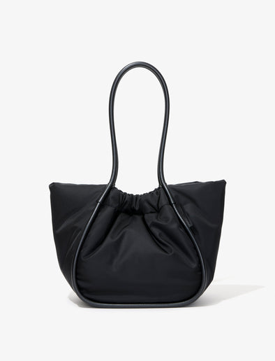 Front image of Large Ruched Tote In Puffy Nylon in BLACK