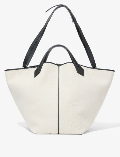 Front image of XL Chelsea Tote in Canvas in black/natural with strap extended