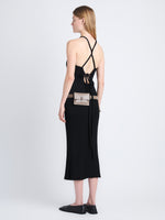 Back Image of model wearing Zip Belt Bag in dark taupe