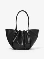 Front image of Large Ruched Tote in Soft Shiny Calf in BLACK