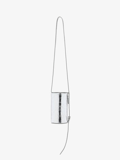 Front image of Crossbody Silo Bag in Silver carried vertically