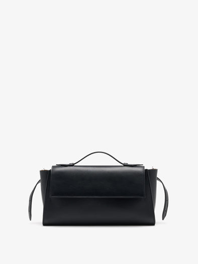 Proenza Schouler Front image of Tate Clutch with Strap in Smooth Calf in Black with Tabs opened