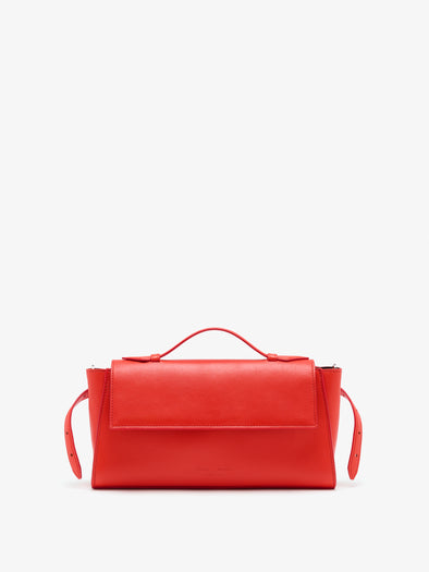 Proenza Schouler Front image of Tate Clutch with Strap in Smooth Cal in Vermillion with Tabs opened