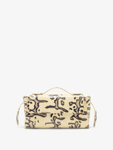 Proenza Schouler Front image of Tate Clutch with Strap in Ball Python in Resin Multi with Tabs opened