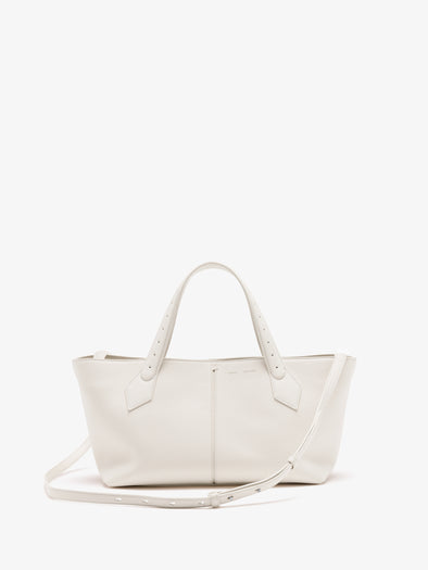 Proenza Schouler Front image of East West Chelsea Tote in Pebbled Calf in Soft White with strap extended