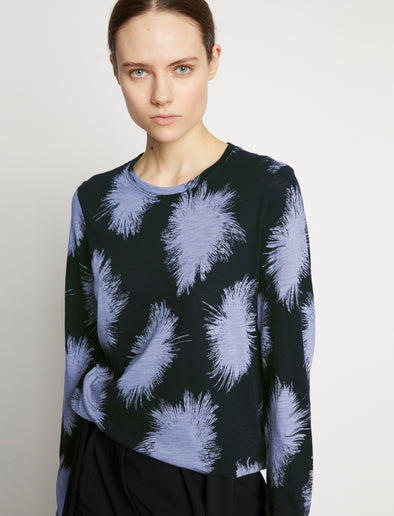 Proenza Schouler detail image of model wearing Feather Dot Print T-Shirt in periwinkle