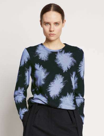 Proenza Schouler cropped front image of model wearing Feather Dot Print T-Shirt in periwinkle