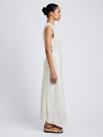 Proenza Schouler side image of model wearing Kaia Skirt in Woven Stripe Flou in chalk/black