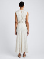 Proenza Schouler back image of model wearing Kaia Skirt in Woven Stripe Flou in chalk/black