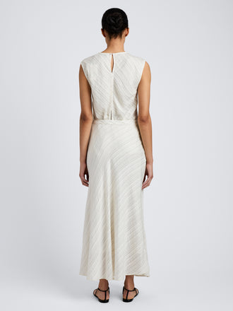 Proenza Schouler back image of model wearing Kaia Skirt in Woven Stripe Flou in chalk/black