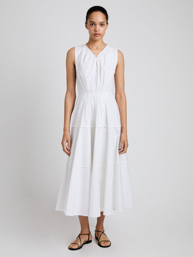 Proenza Schouler Front full length image of model wearing Kailey Dress in Stretch Poplin in White