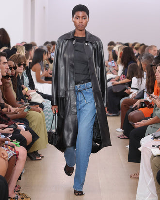 Runway image of model in Ellsworth Jean in medium blue