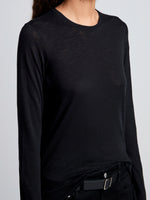 Detail image of model wearing Solid Tissue Jersey Long Sleeve Tee in Black