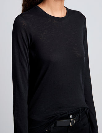 Detail image of model wearing Solid Tissue Jersey Long Sleeve Tee in Black