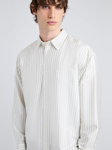 Proenza Schouler Detail image of model wearing Louis Shirt in Stripe Silk in White/ Black