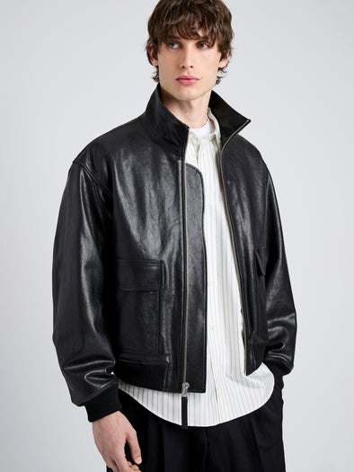 Proenza Schouler Detail image of model wearing Sterling Bomber in Leather in Black