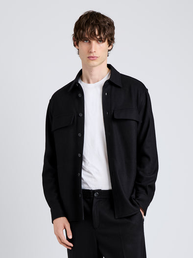Proenza Schouler Front cropped image of model wearing Beni Shirt in Jersey Flannel in Black