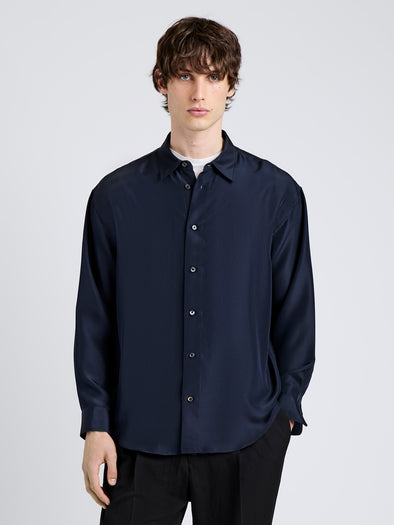Proenza Schouler Front cropped image of model wearing Louis Shirt in Silk in Dark Navy