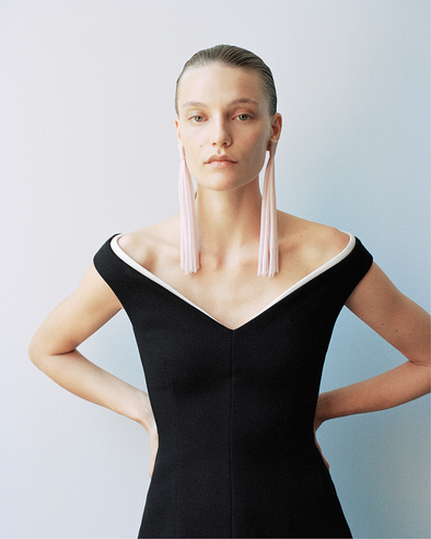 Proenza Schouler Detail image of model wearing Mariam Top in Wool Scuba in Black
