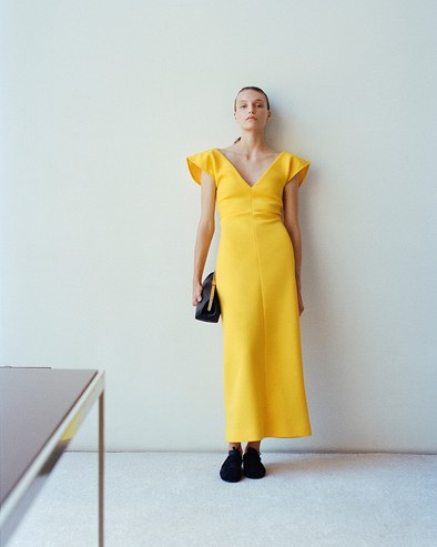 Proenza Schouler Front full length image of model wearing Mariam Dress in Wool Scuba in Canary