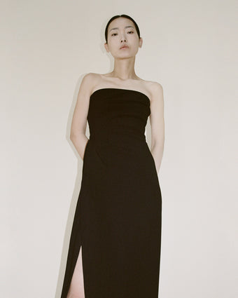 Cropped image of model wearing Shira Strapless Dress In Matte Viscose Crepe in black