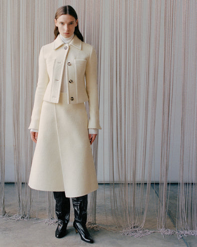 Proenza Schouler Front full length image of model wearing Kinsley Jacket in Boucle Twill Suiting in Off White